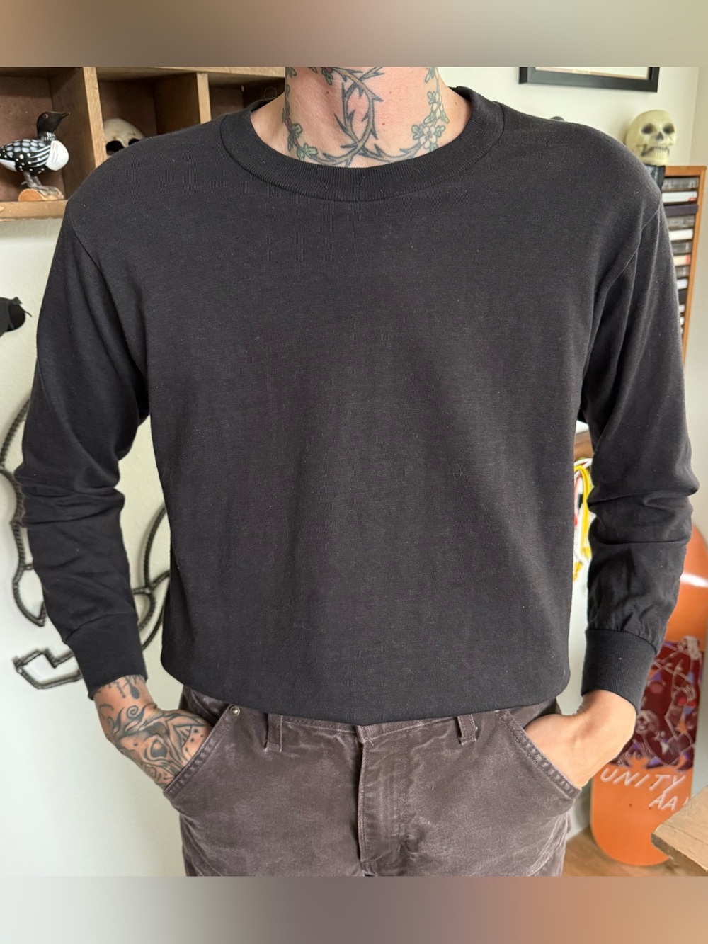 Vintage 70s 80s Deadstock Blank Black Cotton Long Sleeve Tee ~ Size Small - Picture 3 of 10